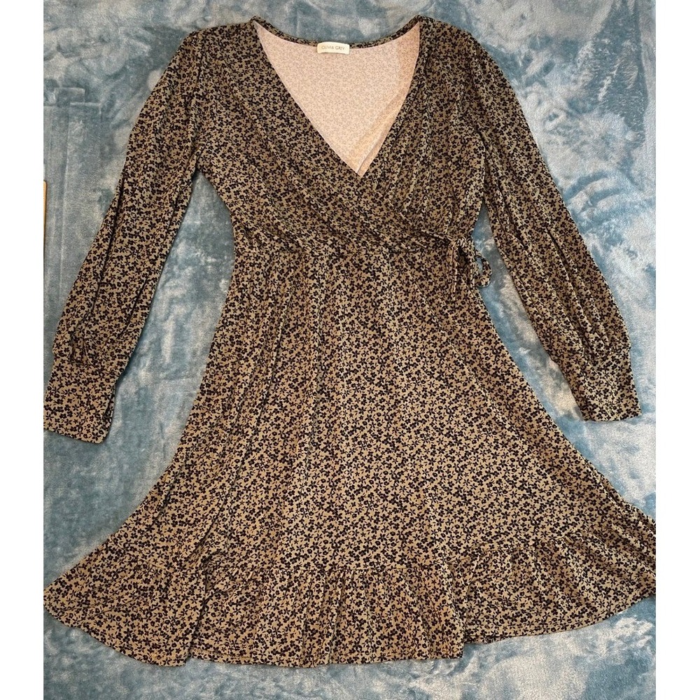 Olivia Grey Olive Green Black Floral Wrap Mini Dress Long Sleeve Ruffle Hem M